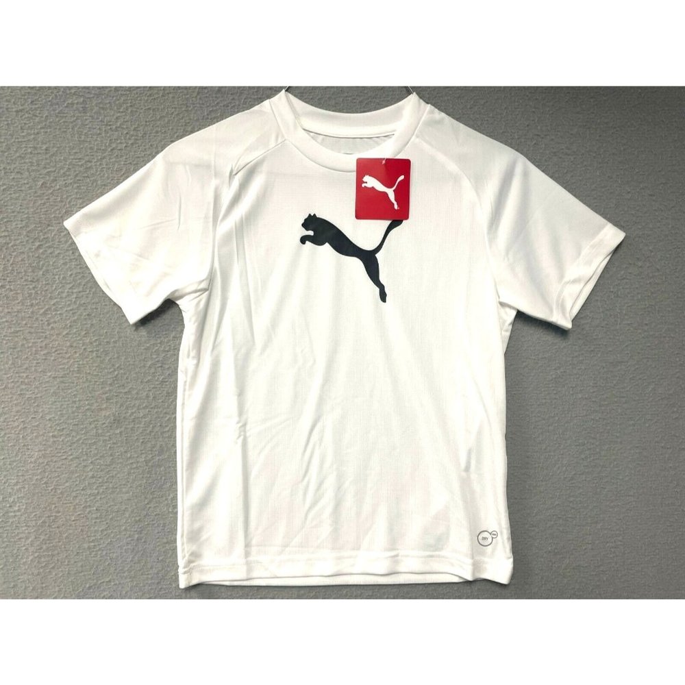 PUMA Youth Kids Medium Dry Cell Short-Sleeve Shirt White - Center Black Logo